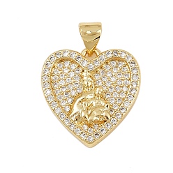 Настоящее золото 18K Латунные микро проложить кубического циркония подвески, без кадмия и без свинца, религия, сердце, реальный 18 k позолоченный, 18.5x18x3.5 мм, отверстие : 4.5x3.5 мм