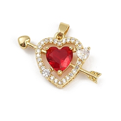 Настоящее золото 18K Латунные микропаве прозрачные подвески с фианитом, сердце со стрелой, со стеклом, без свинца и без кадмия, долговечный, стойки покрытие, граненые, реальный 18 k позолоченный, 17x27x6.5 мм, отверстие : 5x3 мм