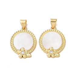 Flower Brass Micro Pave Clear Cubic Zirconia Pendants, with Shell, Real 18K Gold Plated, Flat Round, Cadmium Free & Lead Free, Flower, 20.5x16x2mm, Hole: 2.5x4.5mm