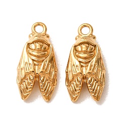 Real 18K Gold Plated 304 Stainless Steel Pendants, Cicada Charms, Long-Lasting Plated, Ion Plating(IP), Real 18K Gold Plated, 16x8x4mm, Hole: 1.5mm