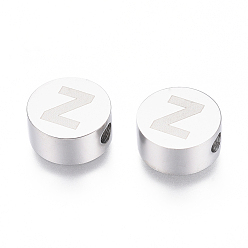 Letter Z Устойчивы к потускнению 304 бусины из нержавеющей стали, плоские круглые с буквы, letter.z, 10x4.5 мм, отверстие : 2 мм