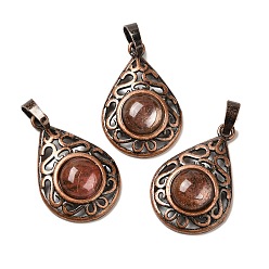Вишневый Кварц Вишневое из кварцевого стекла подвески, латунные подвески-капли, Красная медь, без свинца и без кадмия, 30x19.5x7.5 мм, отверстие : 5x8 мм