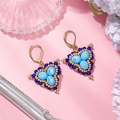 Темно-Синий Стекло бисер мотаться серьги, с 304 серьгами из нержавеющей стали, треугольные, золотые, темно-синий, 40x27 мм