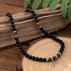 Тигровый глаз 6Ожерелье из бусин из натурального тигрового глаза круглой огранки и матового черного камня диаметром мм для мужчин, платина, 18.90 дюйм (48 см)