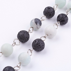 Amazonite Natural Amazonite Handmade Beaded Chains, Unwelded, with Iron Eye Pin and Lava Rock Beads, Platinum, 39.37 inch, 1m/strand
