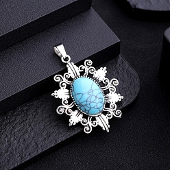 Синтетическая Бирюза Синтетические бирюзовые подвески, овальные, неокрашенными, платина, 43x32 мм