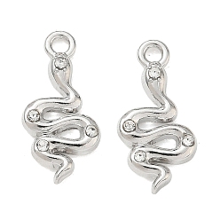 Snake Alloy Rhinestone Pendants,  Long-Lasting Plated, Platinum, Snake Charms, 20x9.5x2.5mm, Hole: 1.8mm
