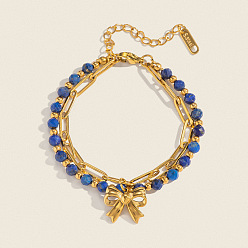 Ляпис-Лазурь Натуральный лазурит бисер браслеты шарм, 304 женские браслеты-цепочки со скрепками из нержавеющей стали, бантом, 6-1/4 дюйм (16 см)