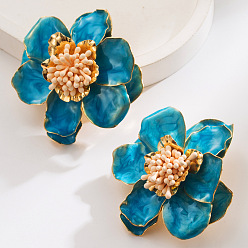 Темно-бирюзовый Цветок сплава эмали серьги стержня, с пластиковым, золотые, темные бирюзовый, 60x60 мм