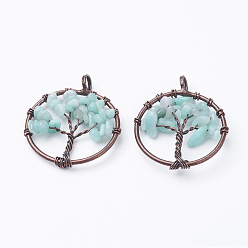 Амазонит Природные подвески амазонит, с латунной фурнитурой , Красная медь, плоские круглые с дерева жизни, 29x5~7 мм, отверстие : 4.5 мм