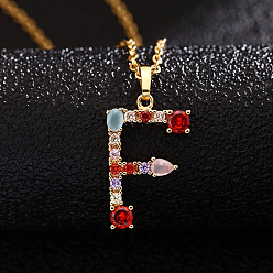 Letter F Ожерелья с подвесками-инициалами из латуни и разноцветными кубическими цирконами для женщин, золотые, Буква F, 19.69 дюйм (50 см)