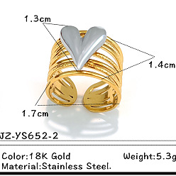 Сердце 304 открытые кольца манжеты из нержавеющей стали, золотые и нержавеющая сталь цвет, сердце, 17 мм