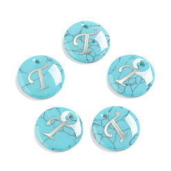 Letter T Synthetic Turquoise Charms, with Plastic Letter, Flat Round, Letter.T, 15x2mm, Hole: 1.5mm
