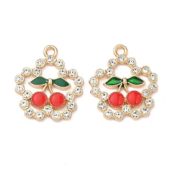 Light Gold Сплава кристалла горный хрусталь подвески, Подвески в виде цветка с красной вишней, украшенные эмалью., золотой свет, 23.5x20x2.5 мм, отверстие : 2 мм