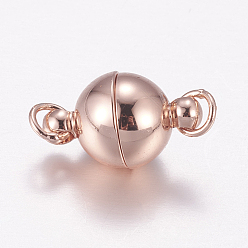 Real Rose Gold Plated Brass Magnetic Clasps with Loops, Long-Lasting Plated, Round, Real Rose Gold Plated, 13.5x8mm, Hole: 3mm