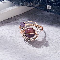 Тигровый глаз Планета натуральный тигровый глаз перстни, женские кольца из медной проволоки, размер США 8 1/2 (18.5 мм)