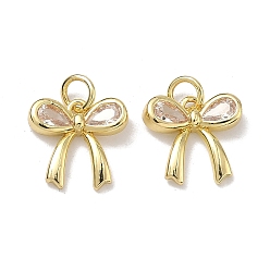Настоящее золото 18K Латунные микропаве прозрачные подвески с фианитом, стойки покрытие, долговечный, без свинца и без кадмия, бантом прелести, реальный 18 k позолоченный, 12x13x3.5 мм, Перейти кольцо: 5x1 мм, внутренний диаметр: 3.3 мм