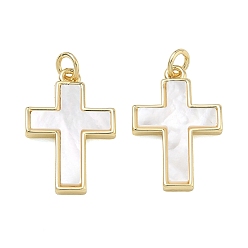Real 18K Gold Plated Rack Plating Brass & White Shell Pendants, Cross Charms, Cadmium Free & Lead Free, Real 18K Gold Plated, 23x15x2mm, Hole: 3.5mm
