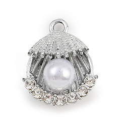 Платина Подвески из сплава и страза, с пластиковой имитацией жемчуга, подвески в форме ракушек, платина, 20x16x8 мм, отверстие : 2 мм