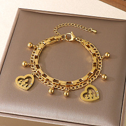 Сердце День матери 304 Браслеты из нержавеющей стали с цепочками Фигаро и коробчатой цепочкой, двухслойные, браслеты с подвесками для женщин, со стразами, золотые, сердце с семьей, 7.48 дюйм (19 см)