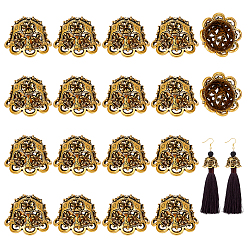 Antique Golden 24Pcs Tibetan Style Alloy Bead Caps, Hollow Flower, Antique Golden, 26.5x16mm, Hole: 2.2mm