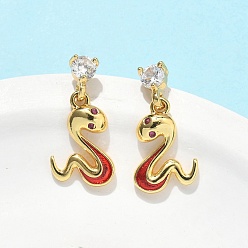 Золотой Серьги-гвоздики с подвесками из прозрачного кубического циркония с микропаве из змеиной латуни, без кадмия и без свинца, стойки покрытие, долговечный, с эмалью, золотые, 18x9 мм