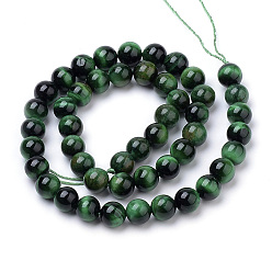 Green Natural Tiger Eye Beads Strands, Dyed, Round, Green, 10mm, Hole: 1mm, about 37~40pcs/strand, 14.9~15.1 inch(38~38.5cm)