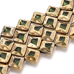 Светло-зеленый Коричневый Стеклянные бусины с гальваническим покрытием , ромб, с золотым оттенком латуни, оливковый, 11~12x11~12x6 мм, отверстие : 0.9 мм, около 28~29 шт / нитка, 12.40~12.91'' (31.5~32.8 см)