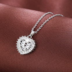 Silver Valentine's Day Brass Pave Clear Cubic Zirconia Love Heart Pendant Necklaces for Women, Silver, 14.96 inch(38cm)