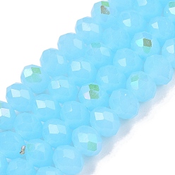 Светло-Голубой Стеклянные бусины с гальваническим покрытием , имитация нефрита, с половиным покрытием, с покрытием цвета радуги, граненые, рондель, Небесно-голубой, 8x6 мм, отверстие : 1 мм, около 60~62 шт / нитка, 39~40 см