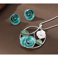 Средний Бирюзовый Комплекты из ожерелий и серег-гвоздиков из сплава эмали для женщин, цветок, средне бирюзовый, Ожерелье: 420 mm