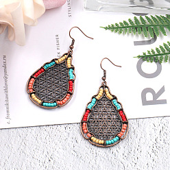 Red Copper Bohemian Style Alloy Dangle Earrings, with Seed Beads, Teardrop, Colorful, Red Copper, 65x32mm