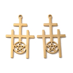 Real 18K Gold Plated Ion Plating(IP) 304 Stainless Steel Pendant, Triple Cross with Star Charm, Real 18K Gold Plated, 30x18.5x1.5mm, Hole: 1.4mm