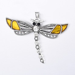 Gelb Legierung Schmelz große Anhänger, mit Strass, Libelle, Antik Silber Farbe, Gelb, 46.5x65x5 mm, Bohrung: 5x6 mm
