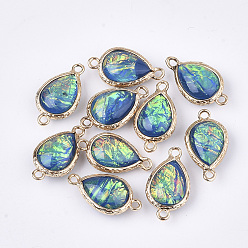 Стально-синий Соединители звеньев эпоксидной смолы, с латунной фурнитурой , стиль имитация опала, слеза, без кадмия и без свинца, золотые, стальной синий, 21~22x11~12x6~7 мм, отверстие : 1.5 мм