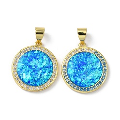 Real 18K Gold Plated Brass Micro Pave Cubic Zirconia Pendants, with Synthetic Opal, Flat Round, Cadmium Free & Lead Free, Real 18K Gold Plated, 19x17x3mm, Hole: 5x4mm