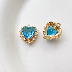 Deep Sky Blue Brass Cubic Zirconia Pendants, Heart Charm, Long-Lasting Real 18K Gold Plated, Deep Sky Blue, 17x15mm