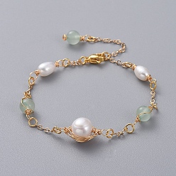 Зеленый Авантюрин Природные браслеты зеленый ссылка авантюрин, с натуральным жемчугом, медные кабельные цепи из позолоченной латуни и 304 застежки из лобстера из нержавеющей стали, 7-1/8 дюйм (18 см)