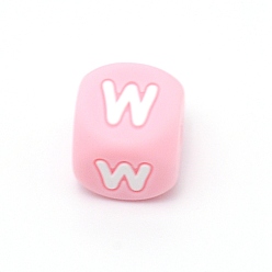Letter W Silicone Alphabet Beads for Bracelet or Necklace Making, Letter Style, Pink Cube, Letter.W, 12x12x12mm, Hole: 3mm