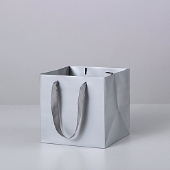 Silver Solid Color Kraft Paper Gift Bags with Ribbon Handles, for Birthday Wedding Christmas Party Shopping Bags, Square, Silver, 15x15x15cm