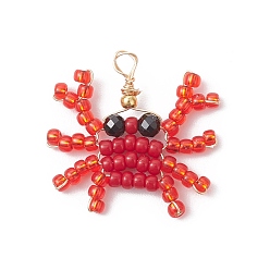Золотой Подвески в виде морских животных из натуральной черной шпинели, обернутой медной проволокой и украшенной стеклянными бусинами, крабовые прелести, красные, золотые, 20.5x21.5x3 мм, отверстие : 2.5 мм