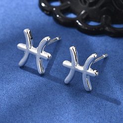 Рыбы 925 стерлингового серебра серьги стержня, серебряные, двенадцать созвездий, Рыбы, 8x7.5 мм
