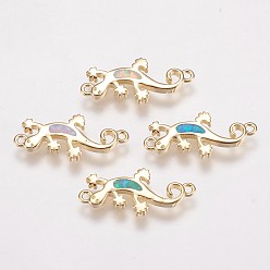 Gemischte Farbe Messingverbinder Stecker, mit synthetischen Opal, gecko, golden, Gemischte Farbe, 8x19x1.5 mm, Bohrung: 1 mm