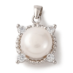 Платинированный Подвески из стерлингового серебра с родиевым покрытием и прозрачными циркониями с микропаве, квадратные подвески с круглым натуральным жемчугом, Реальная платина, 925 мм, отверстие : 16.5x13.5x9 мм