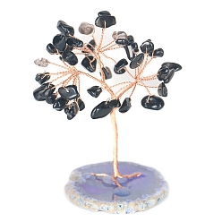 Обсидиан Натуральные обсидиановые чипсы дерево жизни украшения, медная проволока фэн-шуй энергетический камень подарок для домашнего офиса украшение рабочего стола, 70~80 мм