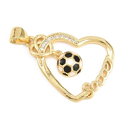 Сердце Футбольные латунные подвески с микропаве из кубического циркония, с эмалью, золотые, сердце, 26x20x4 мм, отверстие : 4x3 мм