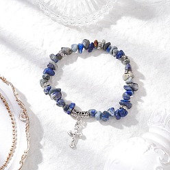 Ляпис-Лазурь Браслеты из натурального лазурита с бусинами, браслеты с подвесками в виде креста из сплава для мужчин и женщин, внутренний диаметр: 2-1/8 дюйм (5.3 см)