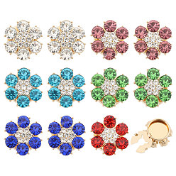 Mixed Color 12Pcs 6 Colors Brass Rhinestone Cufflinks, Flower, Golden, Mixed Color, 23~23.5x10.5mm, Hole: 5.5mm, 2pcs/color