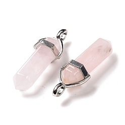 Rose Quartz Gemstone Double Terminated Pointed Pendants, with Metal Findings, Bullet, Platinum Metal Color, 39~41x10~12x8~10mm, Hole: 4x3mm