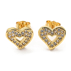 Real 18K Gold Plated Clear Cubic Zirconia Heart Stud Earrings, Rack Plating Brass Earrings, Lead Free & Cadmium Free, Real 18K Gold Plated, 9x10mm